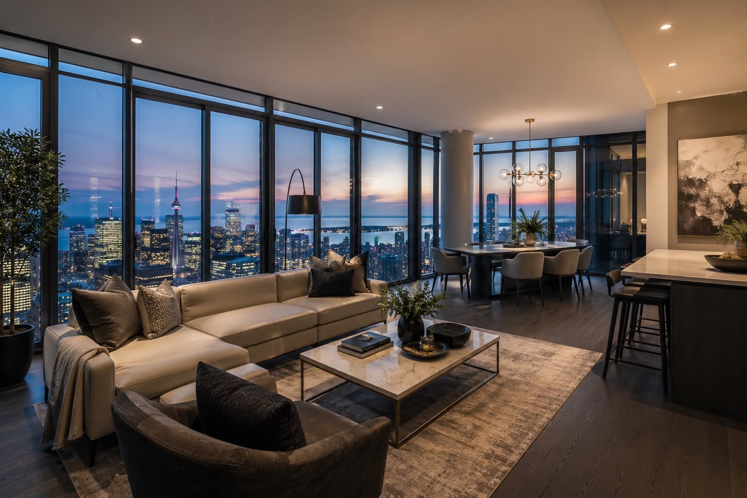 Luxury Toronto condo interior with skyline view