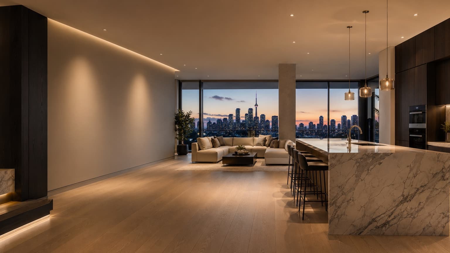 Luxury Toronto condo interior with skyline view